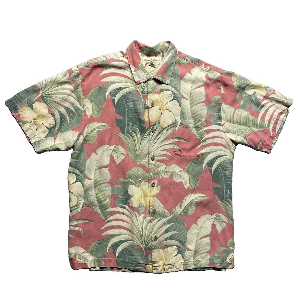 Tommy Bahama Silk Camp Shirt M Hibiscus Palm Woven Jacquard Pink Green